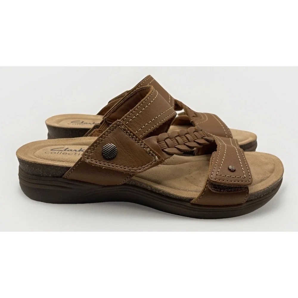 Clarks Collection Leather Slide Sandals - April Raelyn Tan A49 Women's Size 6.5M